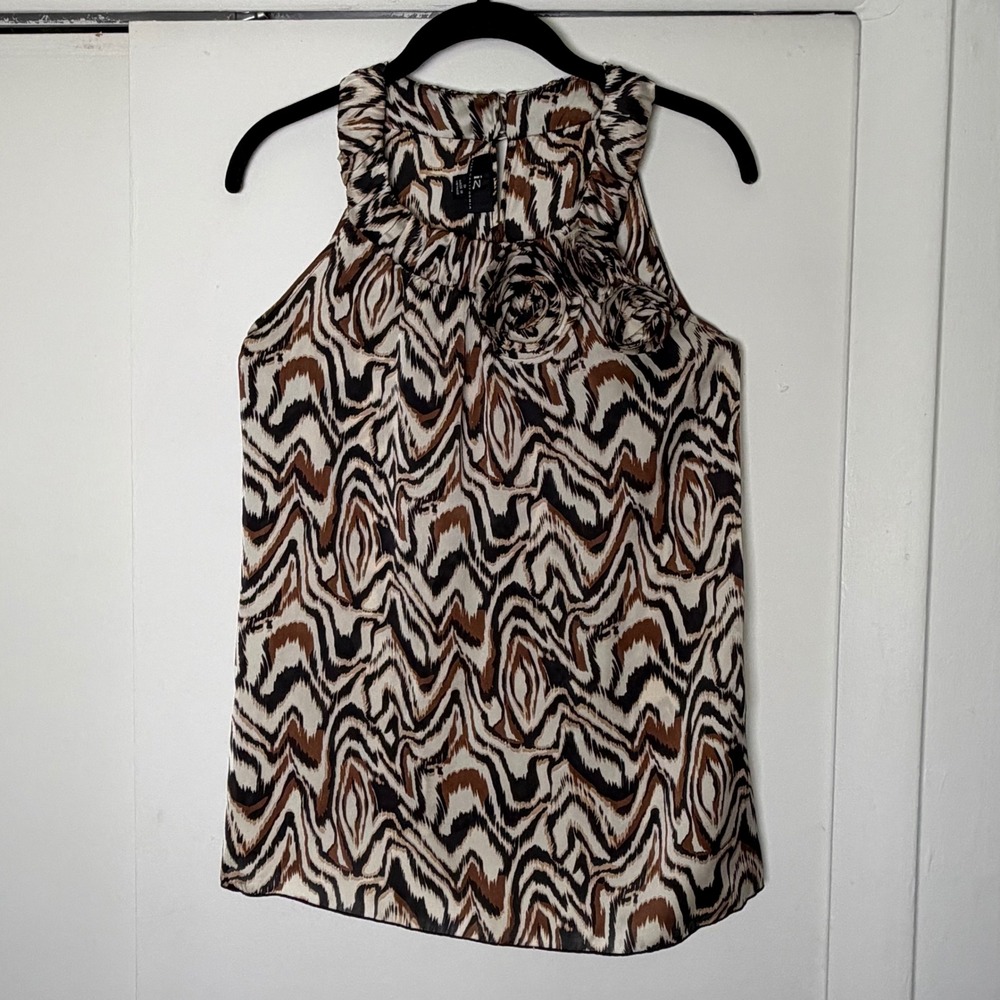 IZ Byer California Brown Abstract Animal Print Rosette Halter Top Blouse S SS
